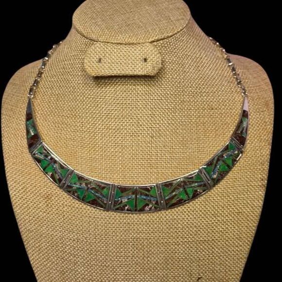 Unbranded Jewelry - VP Sterling Silver Inlay Necklace Southwestern Gaspeite Jasper Statement